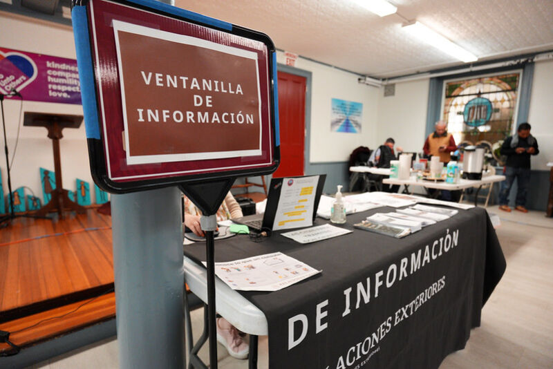 A desk at the popup Mexican Consulate.
