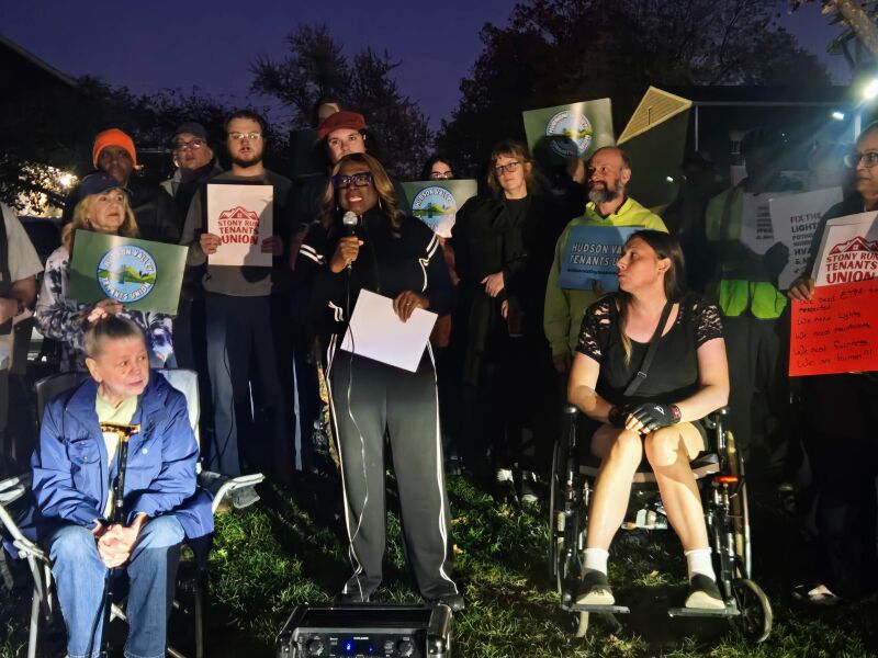 Tenants Union leader Teresa Greene speaks at Tuesday's rally.